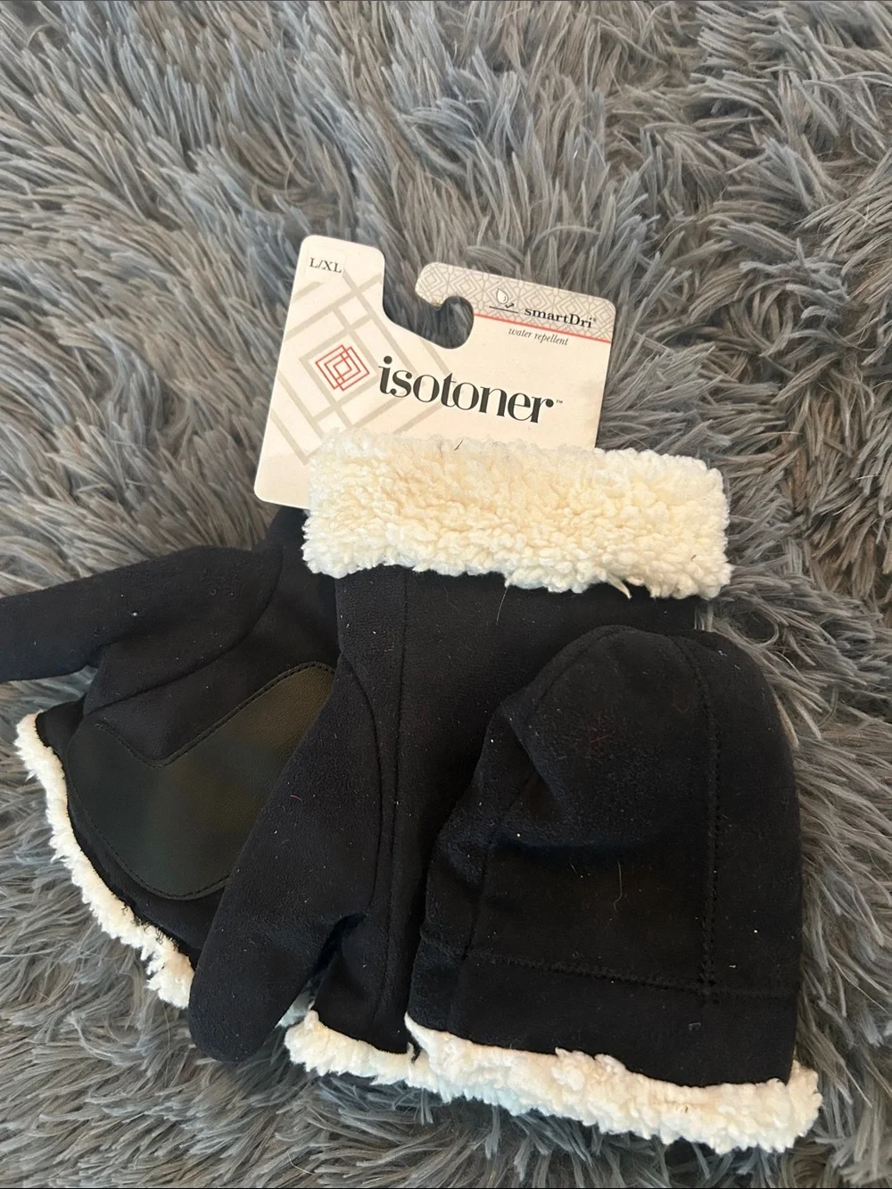isotoner Black Microsuede Convertible Flip-Top Mittens with Cream Sherpa Trim